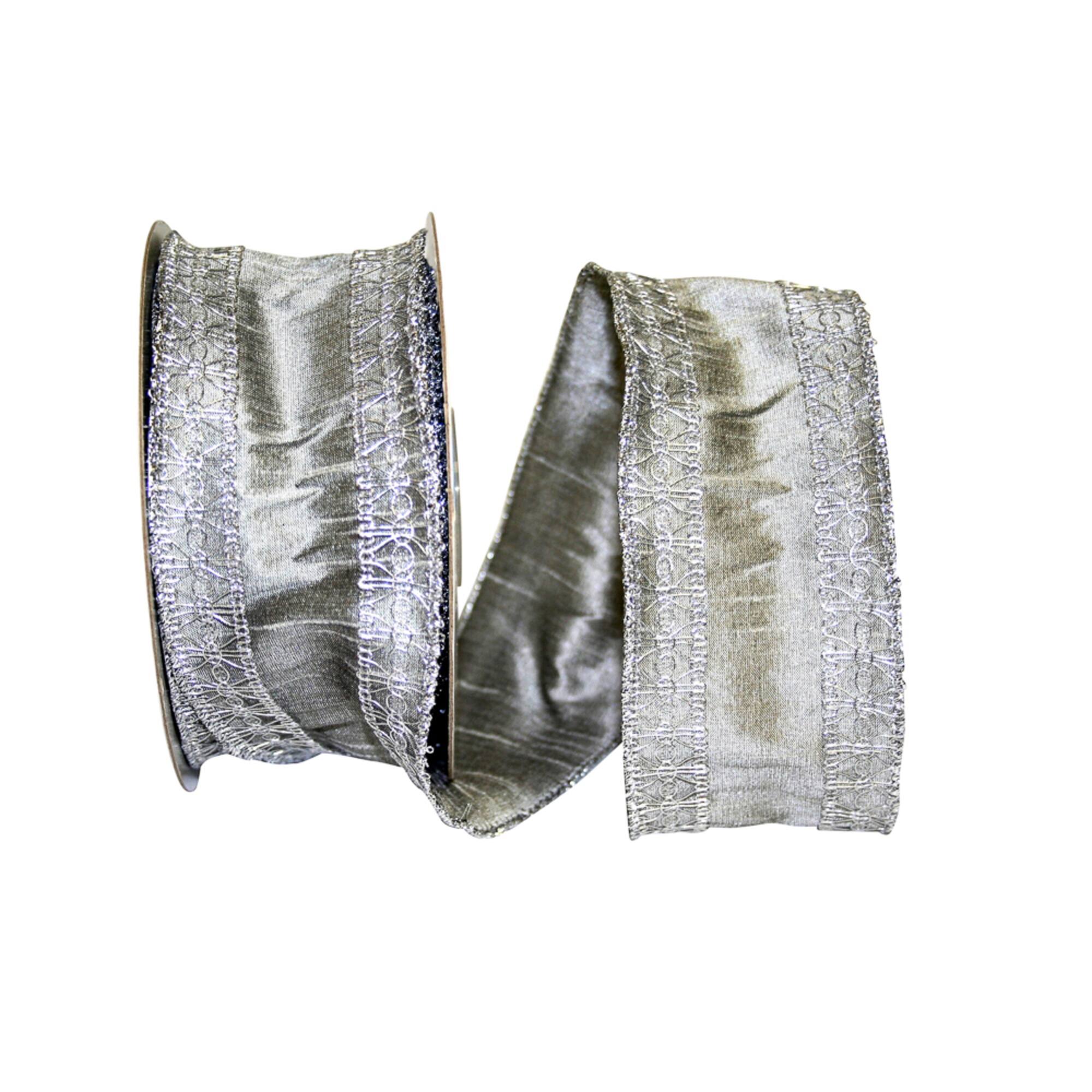 JAM Paper 2.5" x 10yd. Silver Wired Royal Trim Dupioni Ribbon